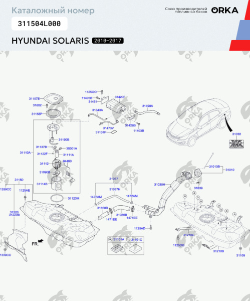 Пластиковый бензобак Hyundai Solaris, 2010-2017 г.в. (NB) - 43 л.